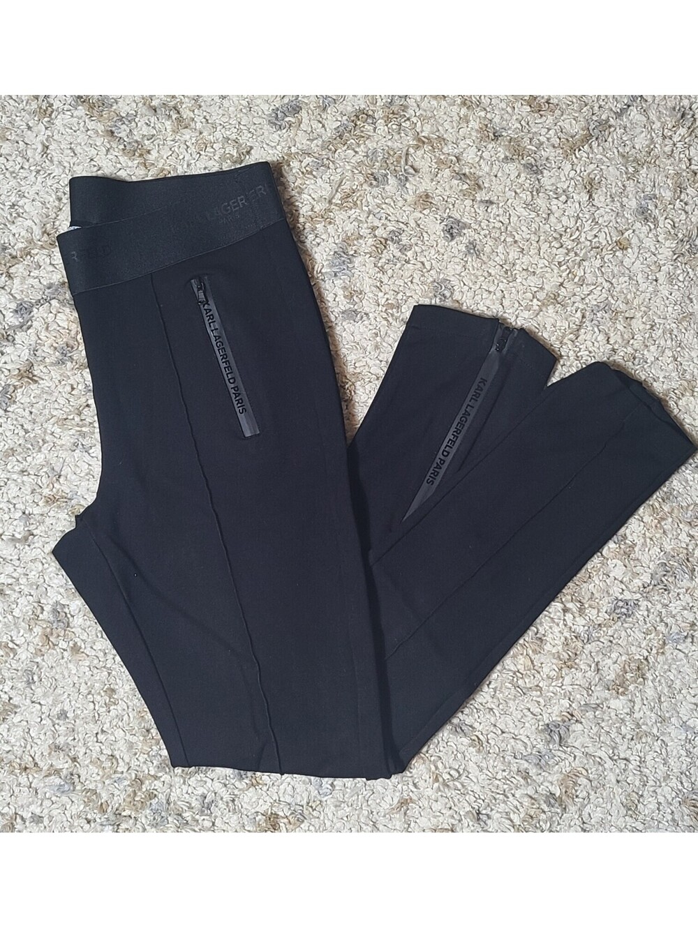 Karl Lagerfeld Paris Black Stretch Leggings w/ Zip Pockets &Logo Waistband;Small